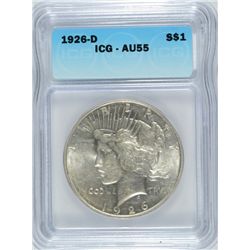 1926-D PEACE SILVER DOLLAR, ICG AU-55
