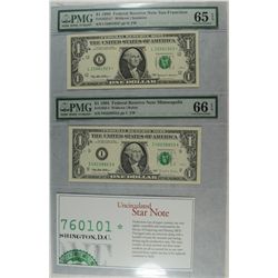 UNCIRCULATED STAR NOTES 1995 $1 PMG 66 / 1999 $1 PMG 65