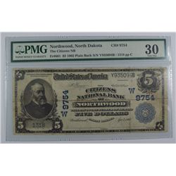1902 $5 NATIONAL NORTHWOOD, ND #9754 PMG 30 (ONLY 2 KNOWN)