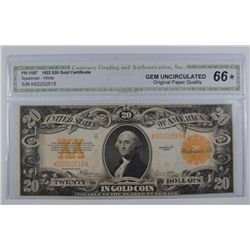 1922 $20 US GOLD CERTIFICATE CGA 66 (STAR)