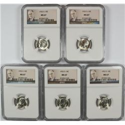 LOT OF ( 5 ) 1953-S ROOSEVELT DIMES, NGC MS-67!