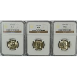 3 1954-S WASHINGTON QUARTERS NGC MS-66