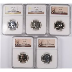 5 1962 WASHINGTON QUARTERS ALL NGC PROOF 66