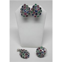 STERLING SILVER EMERALD (3.0ct) SAPPHIRE & RUBY (10.0ct) EARRINGS, PENDANT & RING SET