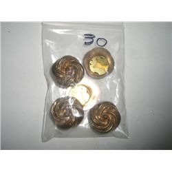 VINTAGE BUTTON COVERS 5 MATCHING WITH BEAUTIFUL PATTERN DESIGN!! COVERS CAME OUT OF SAFE!!