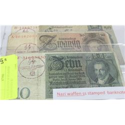 NAZI WAFFEN SS STAMPED BANKNOTES X3