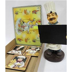BOX W/CHEF GLASS CUTTING BRD, 3PC CHEF WALL  ART,
