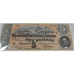 GEM UNC 1864 CONFEDERATE $5 REPLICA NOTE