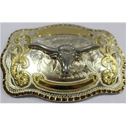 LARGE BULL'S HAD BELT BUCKLE-GOLD/SILVER