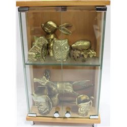 WOOD GLASS STAND W/ BRASS CONTENTS