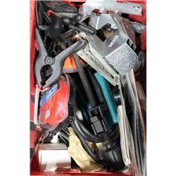 RED CRATE FULL OF TOOLS & HARDWARE