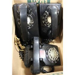 BOX W/ VINTAGE WALL PHONES AND DESK PHONE