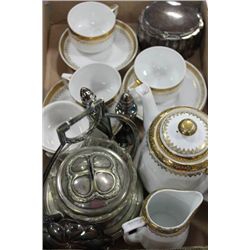 BOX OF ESTATE ORNAMENTS/CUPS ETC