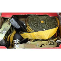 BOX OF TIE DOWN STRAPS W / TRAILER HITCH ADAPTER