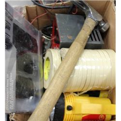 BOX OF TOOLS W/HAMMER, WIRE CUTTER, BATTERY CHARGE