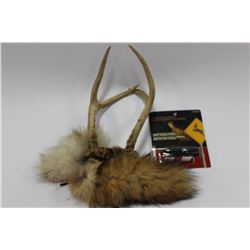 BOX W/ SET OF DEER ANTLERS,DEER WHISTLE & FOX TAIL