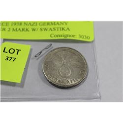 SCARCE 1938 NAZI GERMANY SILVER 2 MARK W/ SWASTIKA