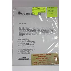 WOODSTOCK UN-USED TICKET W/ L.O.A