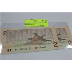 1986 GEM UNC. CONSECUTIVE $2 ROBIN NOTE X2