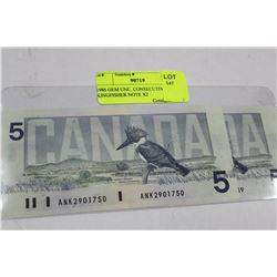 1986 GEM UNC. CONSECUTIVE $5 KINGFISHER NOTE X2