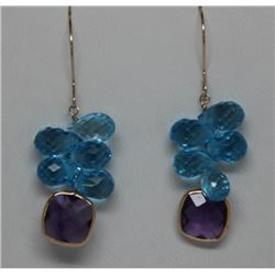14KT GOLD BLUE TOPAZ & AMETHYST EARRINGS