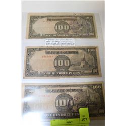 1944 WW2 100 PESO WAR NOTE JAPANESE OCCUPATION  X3