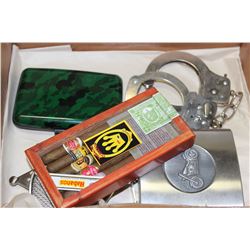 BOX W/ BELT BUCKLES,FLASK,HANDCUFFS, NEW CUBAN