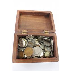HAND CARVED BOX W/ COLLECTION WORLD COINS