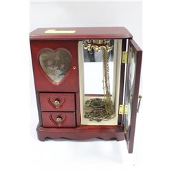 DARK BURGUNDY JEWELLERY BOX W/ CONTENTS