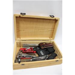 LARGE WOOD BOX W/ LOTS OF KNIVES