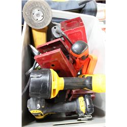 GREY BIN W/LEVEL, 1/2 DRILL, SAWHORSE CLAMPS