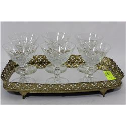 ESTATE MIRRORED TRAY W 6 PINWHEEL CRYSTAL GLASSES