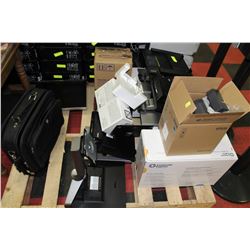 PALLET OF COMPUTER MONITORS/ LAPTOP STANDS/INK