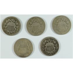 (5) 1868 SHIELD NICKELS