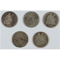 (5) 1891 SEATED DIMES