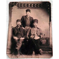 Antique Tintype Photo 3 Men Worker Hats 1/6 Plate