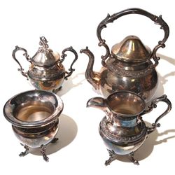 Vintage Floral Filigree Silver Plated 4pc Tea Set