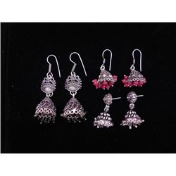 3 Pr Sterling Earrings Dangling Beads Red,Black, Silver