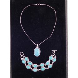 Turquoise Sterling Double Bracelet Pendant Necklace Set