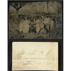 2 Antique Photos Tintype Rural Family Outdoor Group