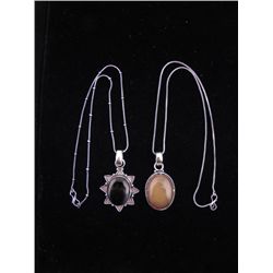 2 Sterling Pendants Amber, Smokey Quartz Necklaces