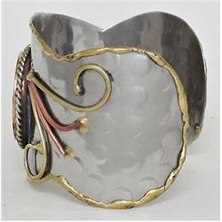 Rhodium & Gold Tone Cuff Bracelet w/Blue Mosaic
