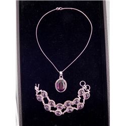 Amethyst 2 Pc Sterling Bracelet & Pendant Necklace Set