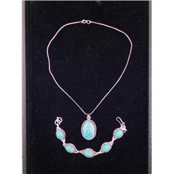 Turquoise 2 Pc Sterling Bracelet & Pendant Necklace Set