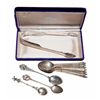 Image 1 : Collection of vintage sterling silver souvenir spoons and one pair of sugar tongs.