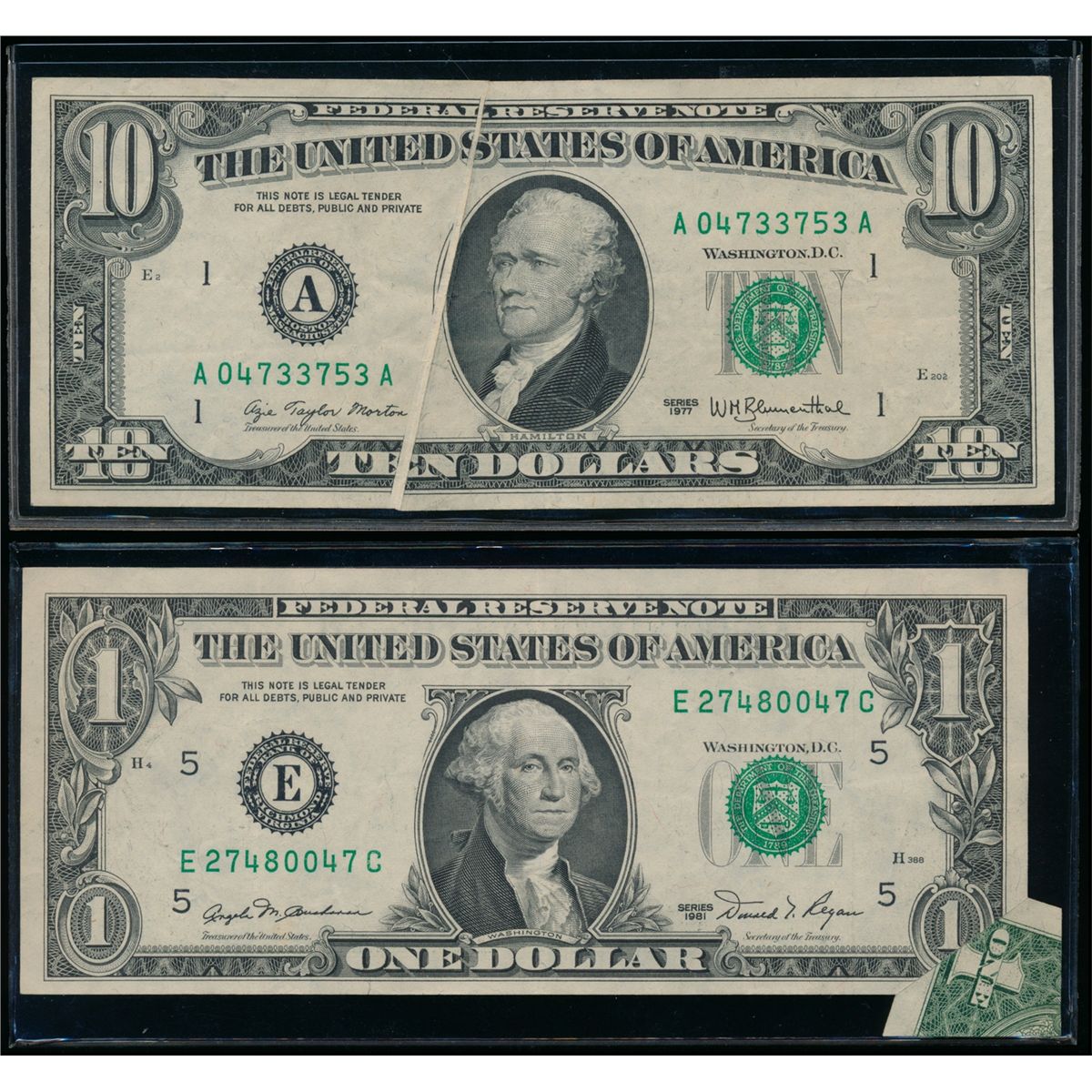 Error Bank Notes UNITED STATES. Lot of two (2) error banknotes.