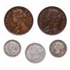 Image 1 : One Cent.  1885.  Fine-15, (2 pcs.);  Five Cents.  1876-H,  1888.  Both Fin…