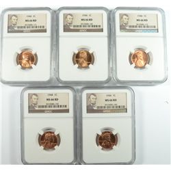 LOT OF ( 5 ) 1944 LINCOLN CENTS, NGC MS-66 RED