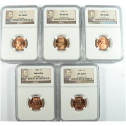 LOT OF ( 5 ) 1944 LINCOLN CENTS, NGC MS-66 RED