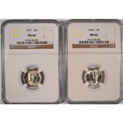 1944 & 1937 MERCURY DIMES NGC MS-66